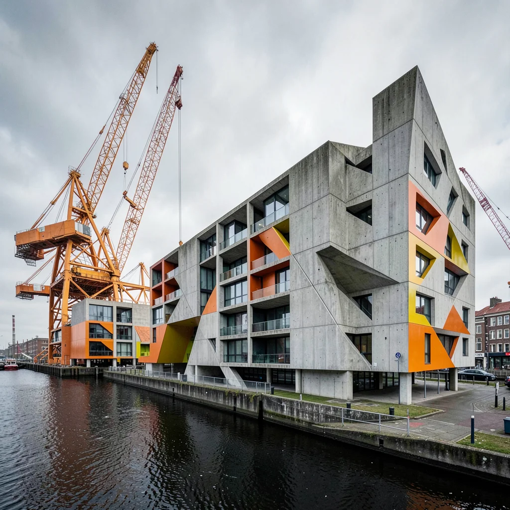 Post-war reconstruction modernism, Rotterdam radical geometry, Harbor cranes pai