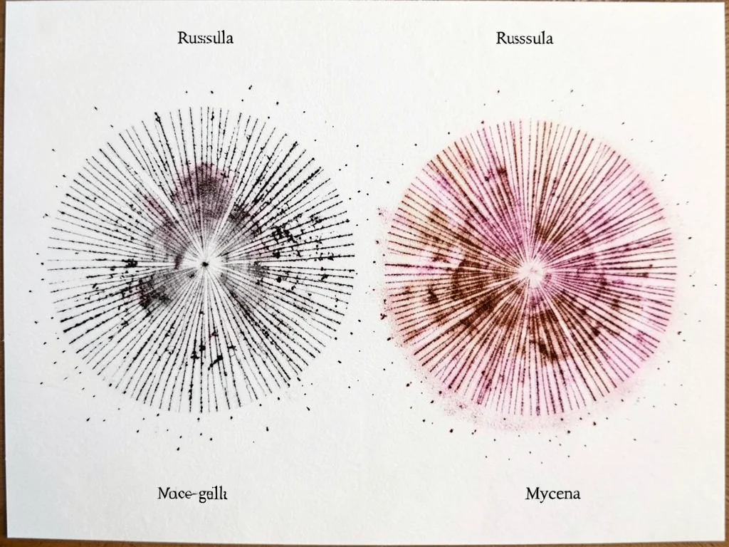 Comparative gill spacing visible in spore print, wide-gilled Russula versus narr
