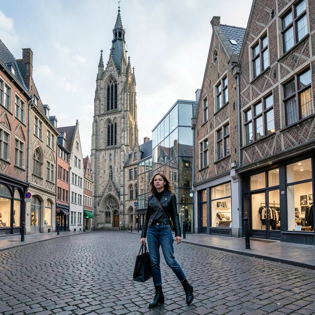 Medieval-modern temporal collision, Ghent layers, Woman in contemporary fashion 