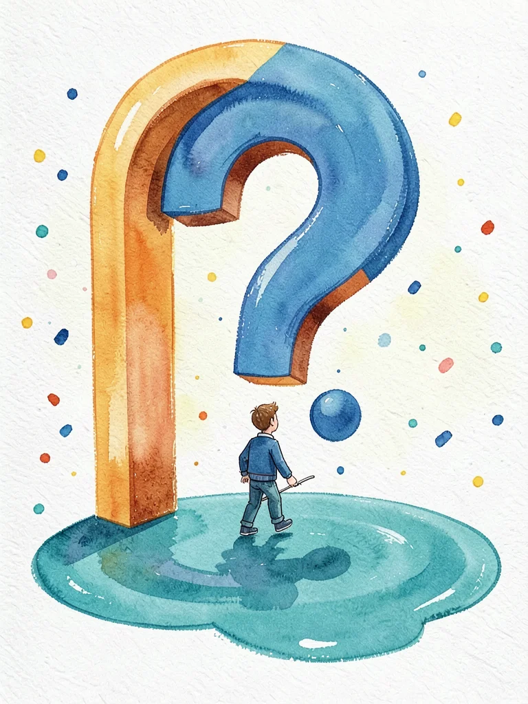 The small figure walks into a giant gouache doorway shaped like a question mark 