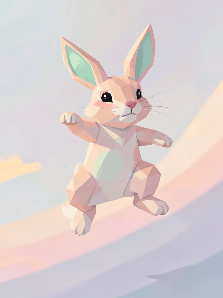 Hopping peach lowpoly rabbit upright with mint inner ears and a tiny dusty-pink 