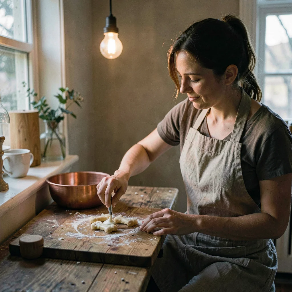 Atmospheric morning shot of a woman in linen apron piping icing onto bone-shaped
