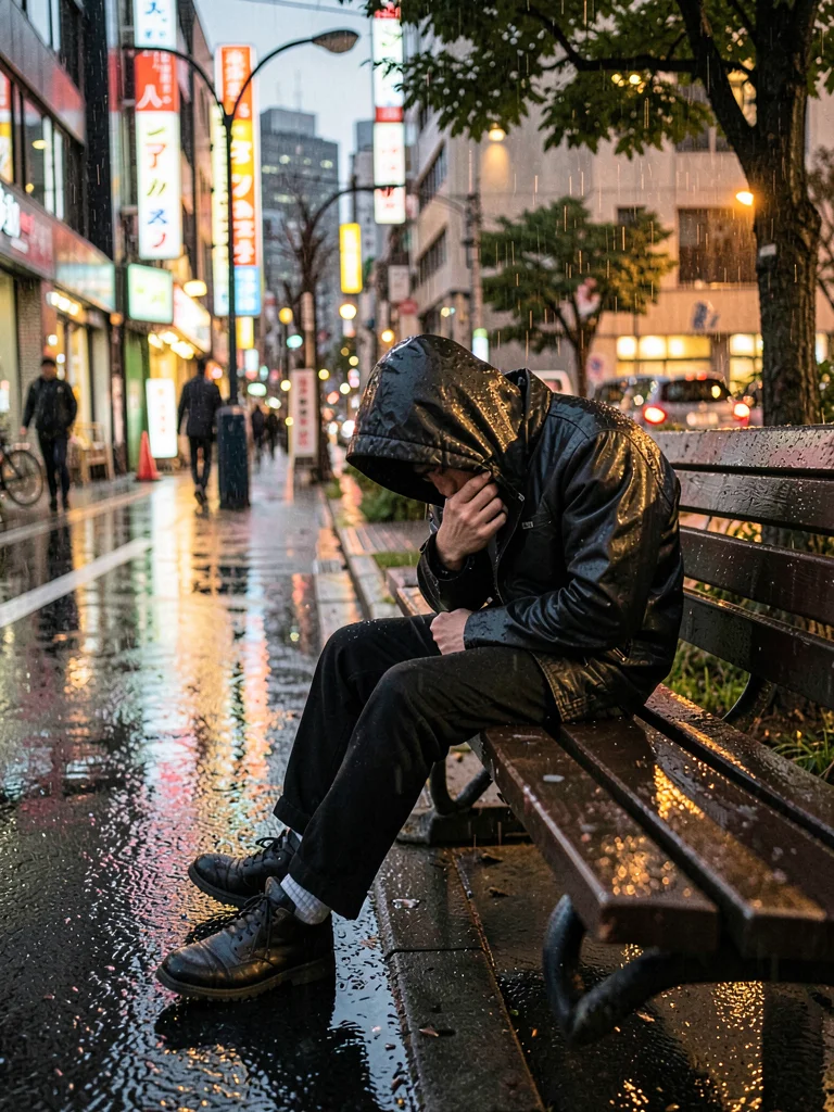 Man asleep on a park bench in the rain, jacket pulled over face, glistening pave