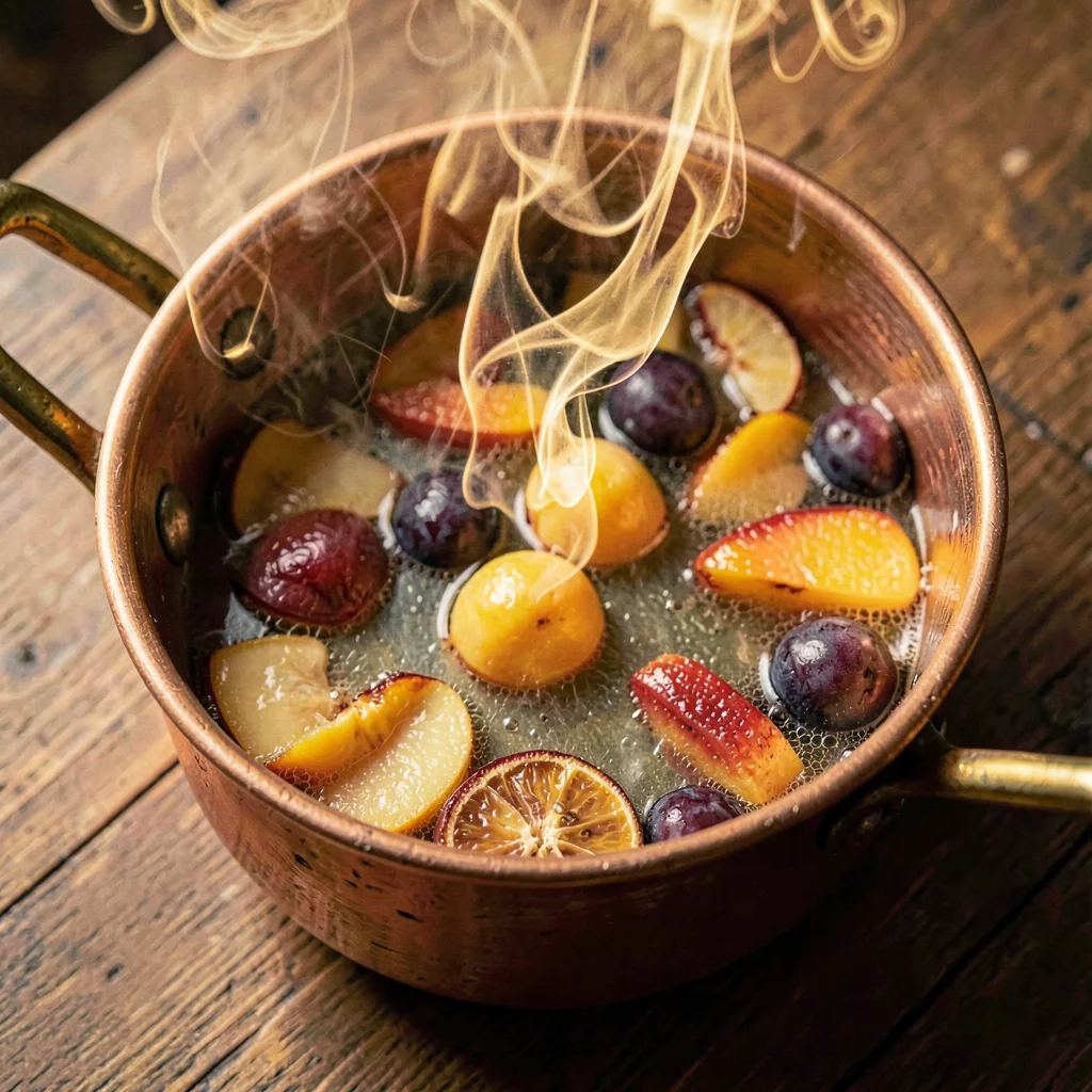 Warm overhead of a copper pot with simmering fruit, steam rising in golden curls