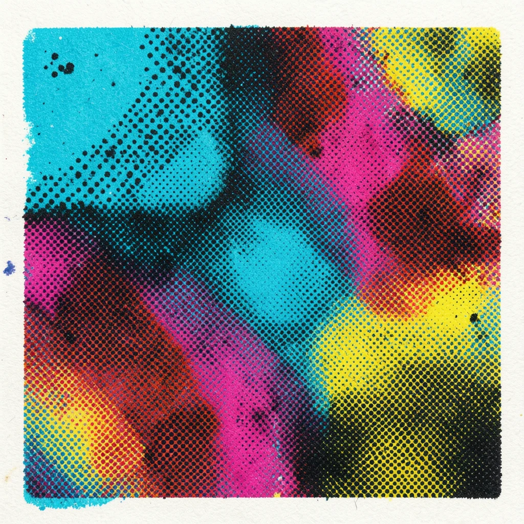 Print magnified showing paper fiber absorbing ink, halftone dot edges feathered 