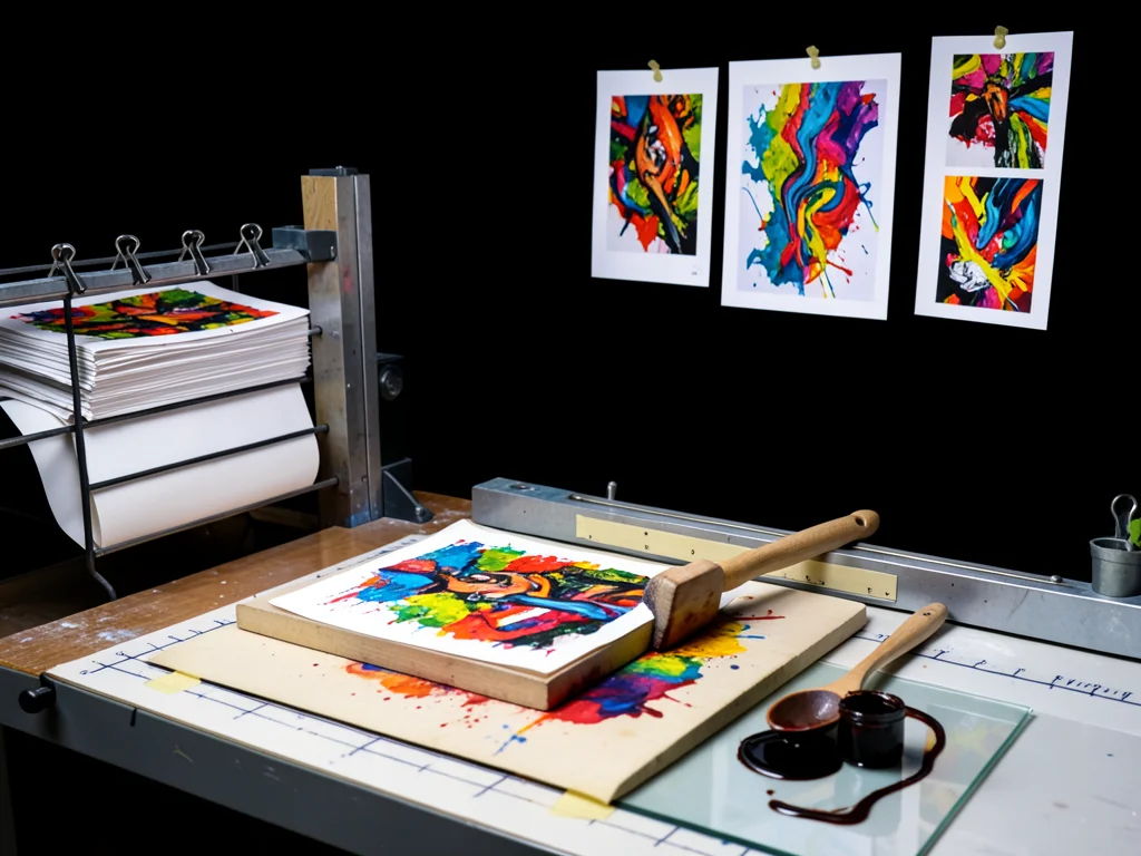 A printmaker's workspace mid-run — a linoleum block half-inked with a brayer sit