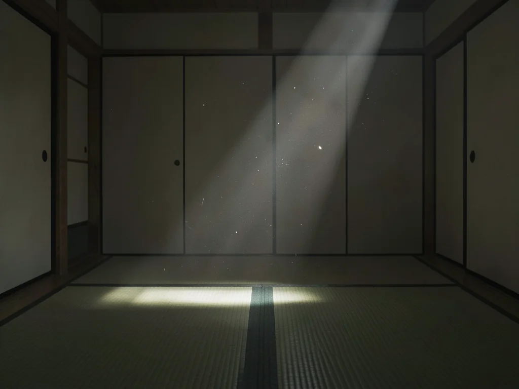 Empty tatami room, light beam containing single visible dust particle, the densi