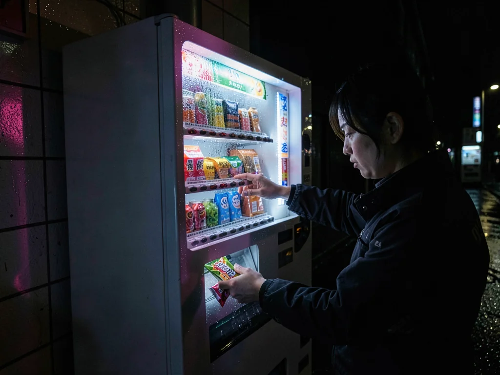 Night shift worker retrieving fallen candy bar, hand in the flap, face lit by pr