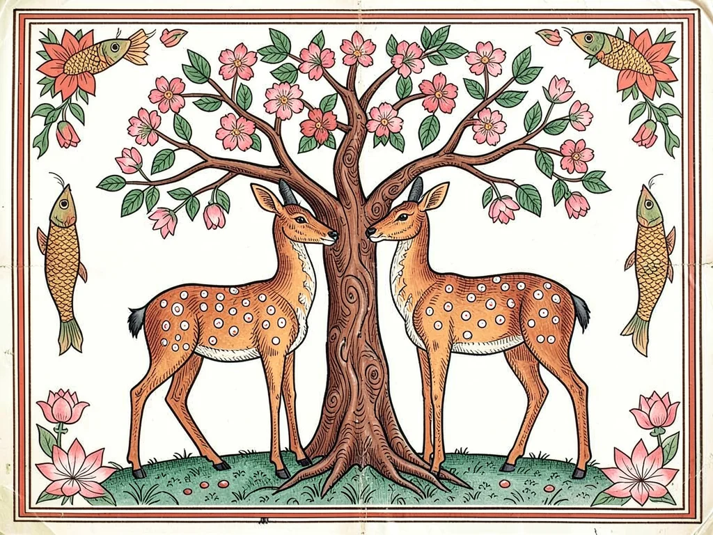 Deer pair beneath a flowering tree — delicate legs, spotted bodies, looking towa