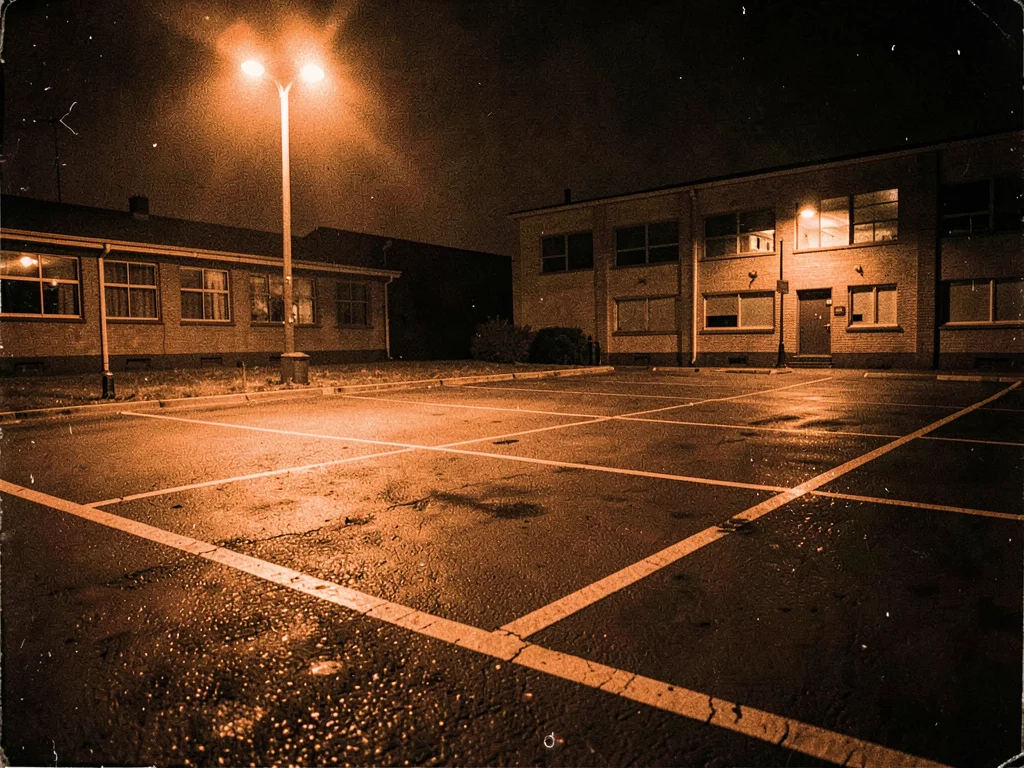 Empty school parking lot at night, sodium orange on painted lines