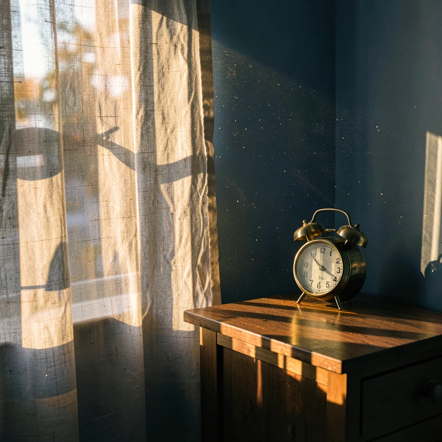 Brass clock on bedside table in morning shaft