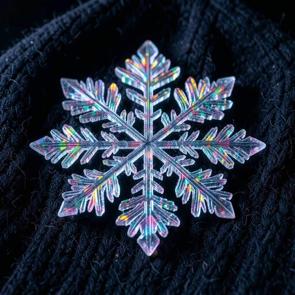 Snowflake on dark wool fabric, six-fold symmetry perfectly preserved, every bran
