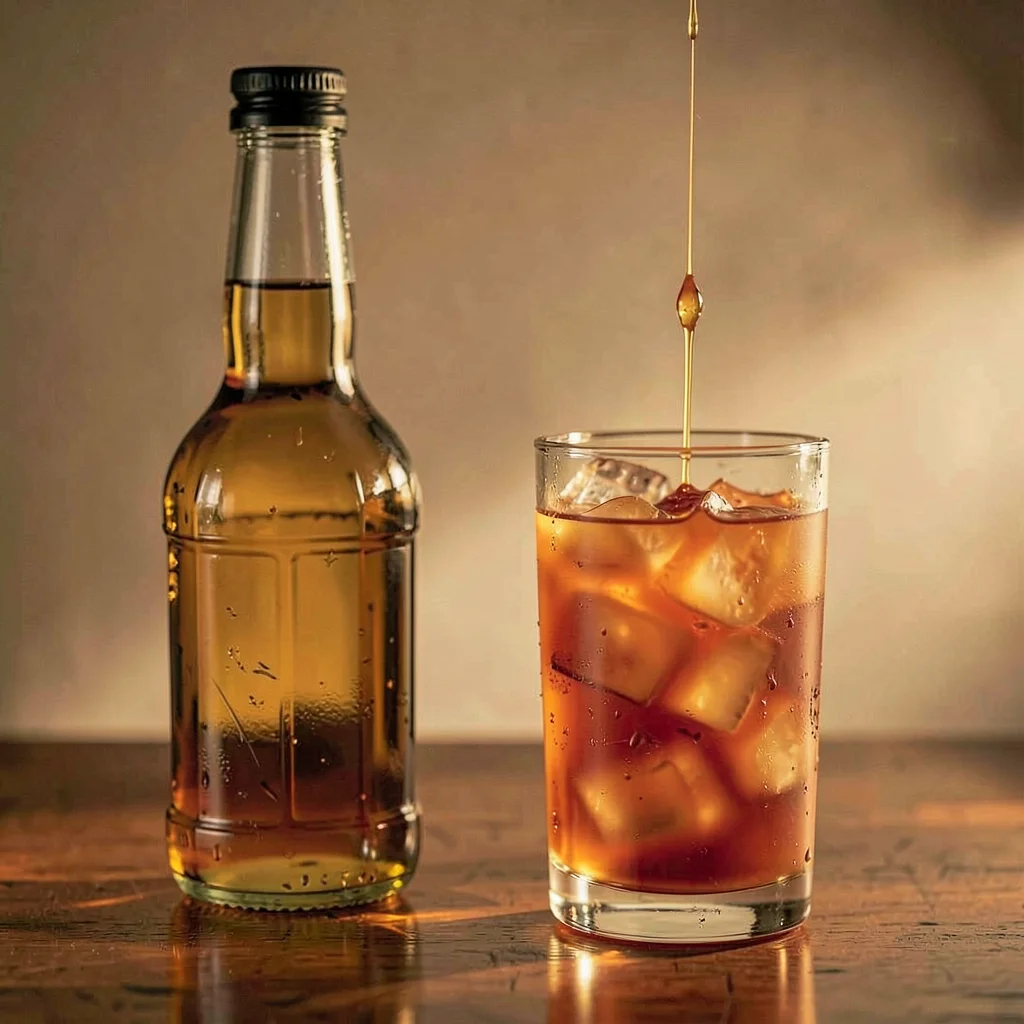 Bottle and a stout glass of cocktail with a syrup pour mid-fall, warm light