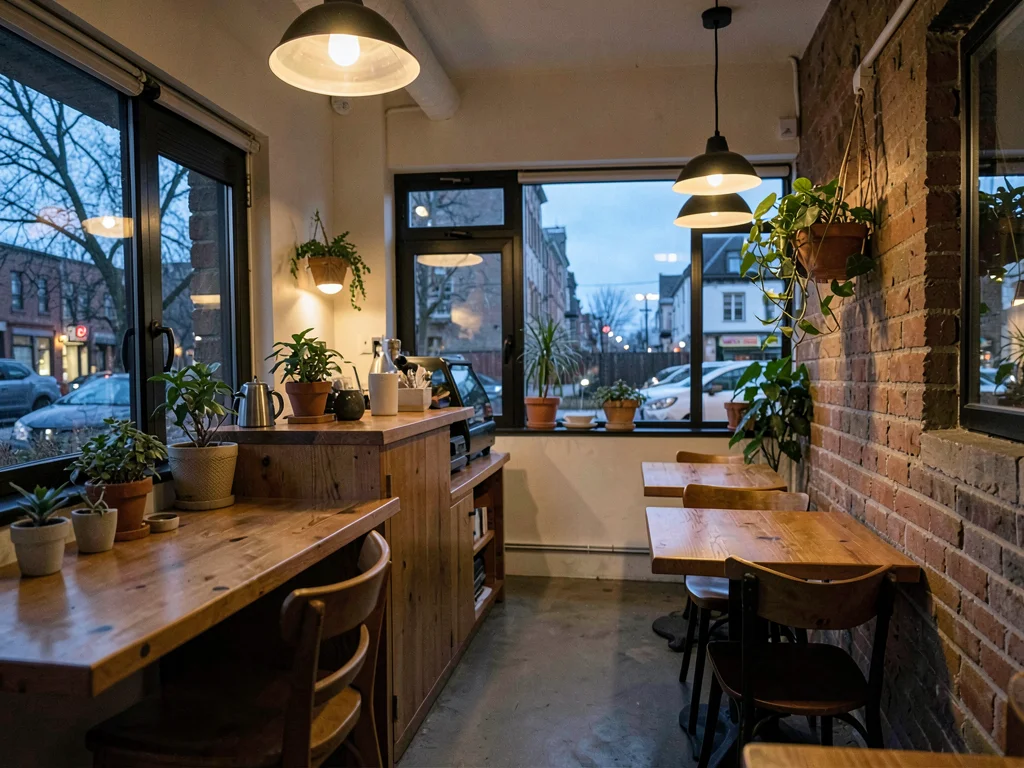 Cafe interior warm against cool twilight
