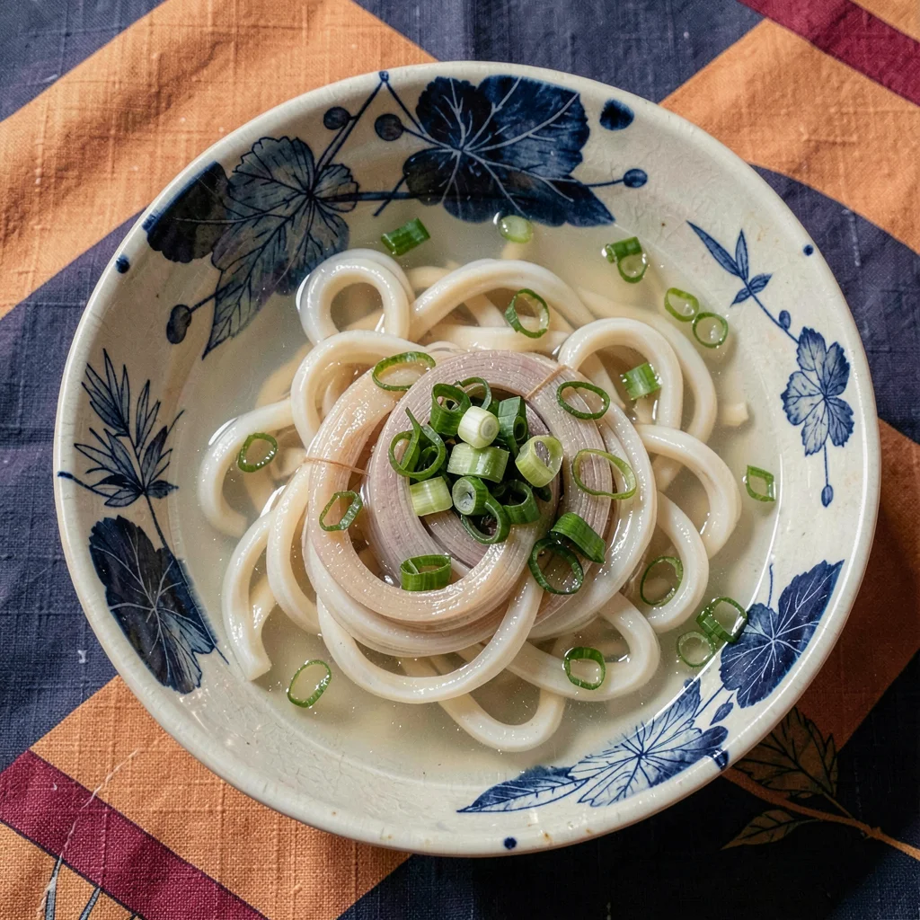 Through the textile eye of Kyoto, woven and dyed, A bowl of udon noodles in clea