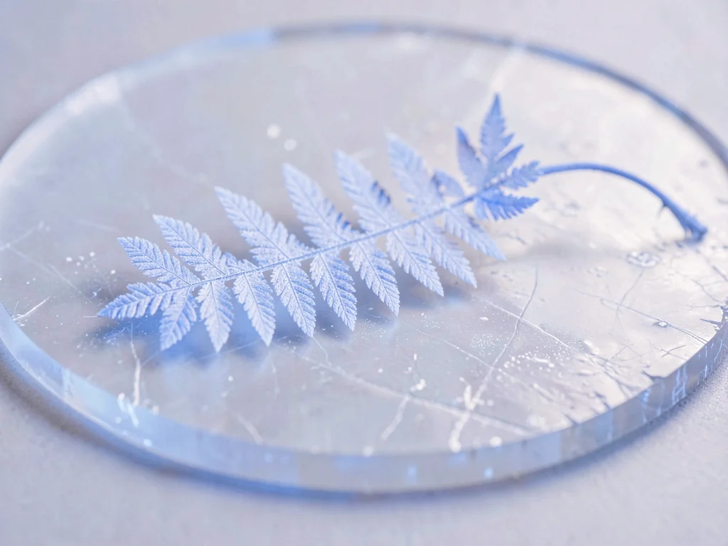 A 2cm fern-frost tendril uncurling across pale ice plate, every micro-vein backl