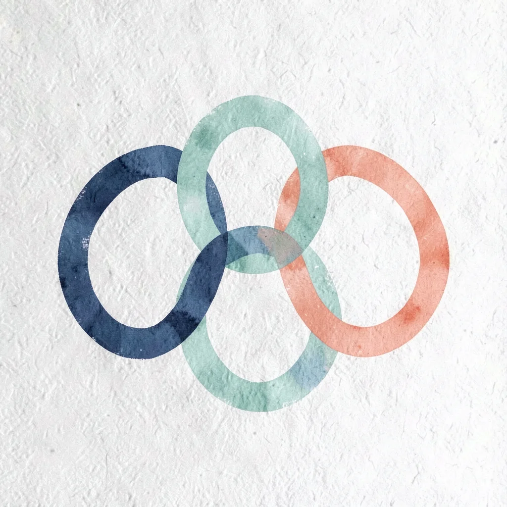 abstract chain-link-shape of three interconnected oval rings in indigo, mint, an