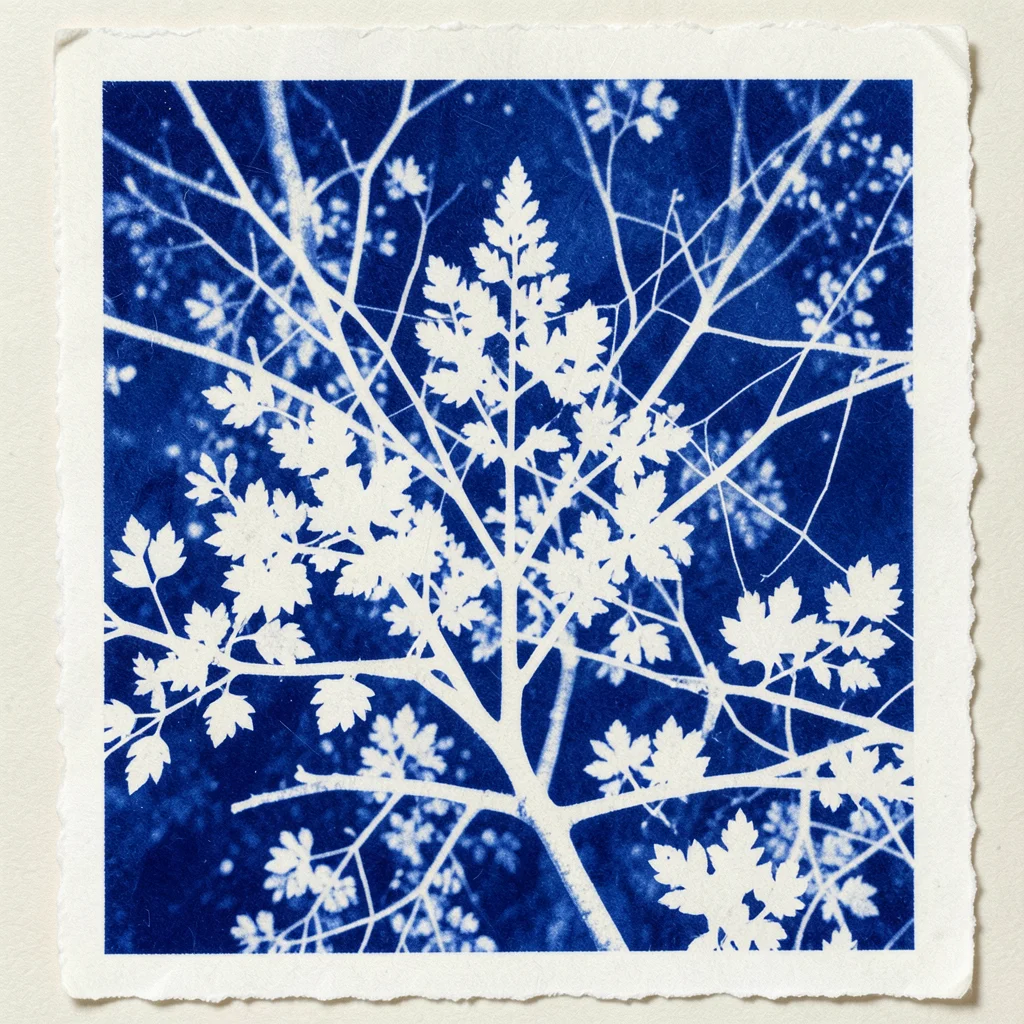 Cyanotype of tree canopy from below, branches and leaves as white web on blue sk