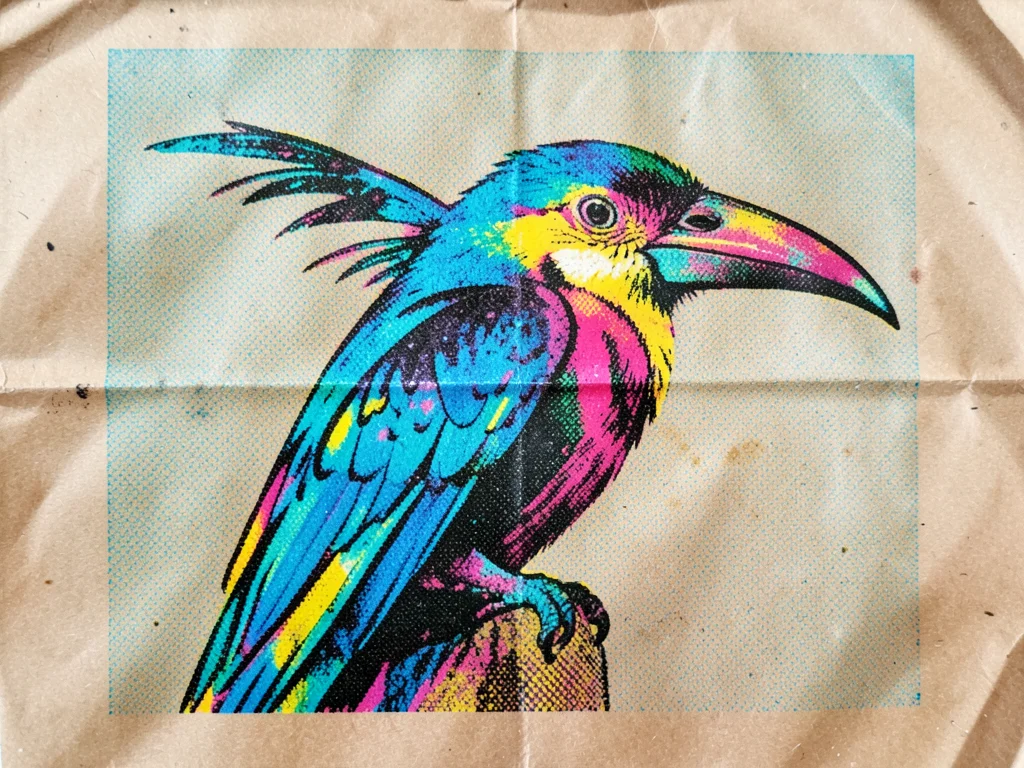 Screenprint of tropical bird in full CMYK on brown paper grocery bag, coarse hal