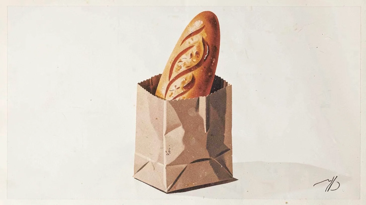 Gouache illustration, baguette in paper bag , opaque matte pigment, flat color a
