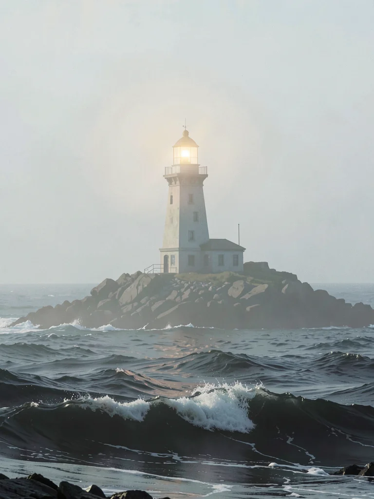 Lighthouse on a rocky islet, foreground swell of dark sea, the structure crowned