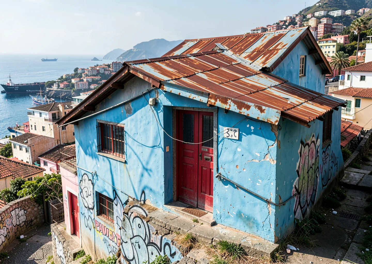 Impossible hill perspectives of Valparaíso, Chile, weathered blue house with red