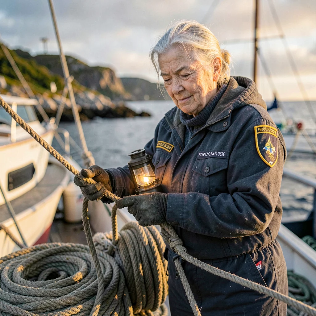 A patient elder Norwegian coast-guard volunteer in her seventies coiling a heavy