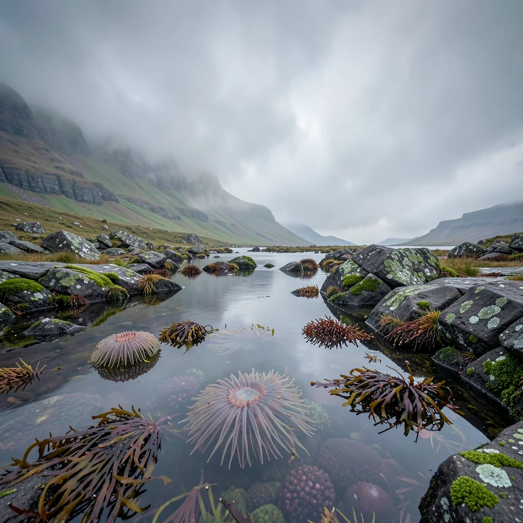 Highland atmospheric mist, Skye grey-green-purple, Rock pool with anemones and k