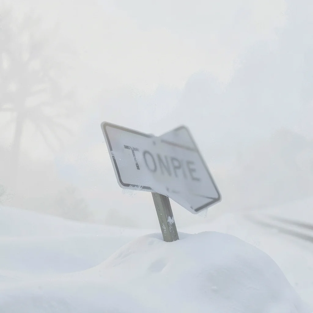 Tilted road sign poking through snow drift, lettering blurred to nothing, the ro