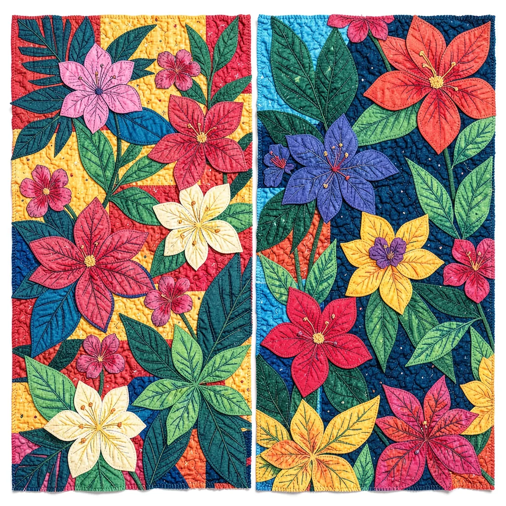 Panamanian mola textile illustration, tropical flowers in multiple fabric layers