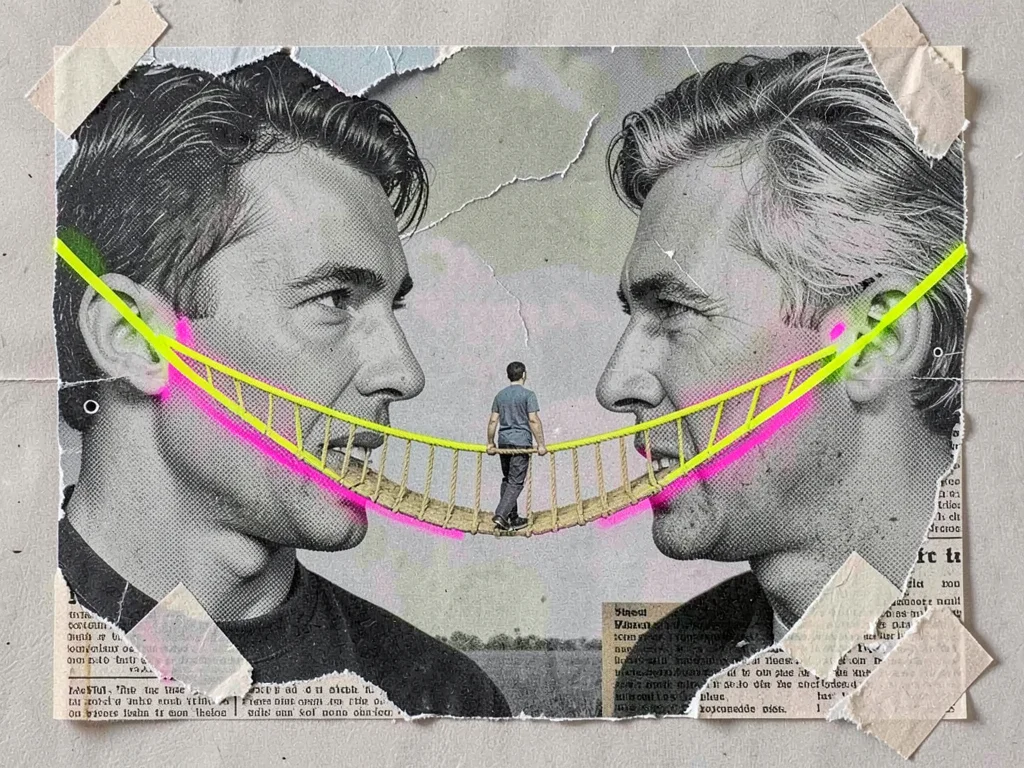 Newsprint collage of a tiny figure crossing a rope bridge between two enormous h