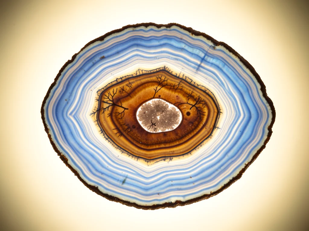 Backlit thin-slice of blue lace agate on light table, wavy parallel bands of pow