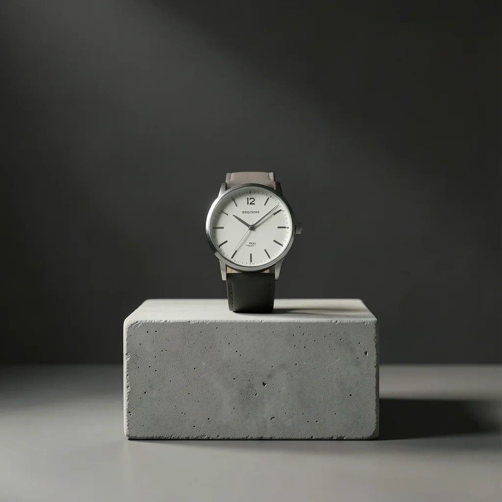 Watch displayed on a concrete pedestal, soft directional light, dark background