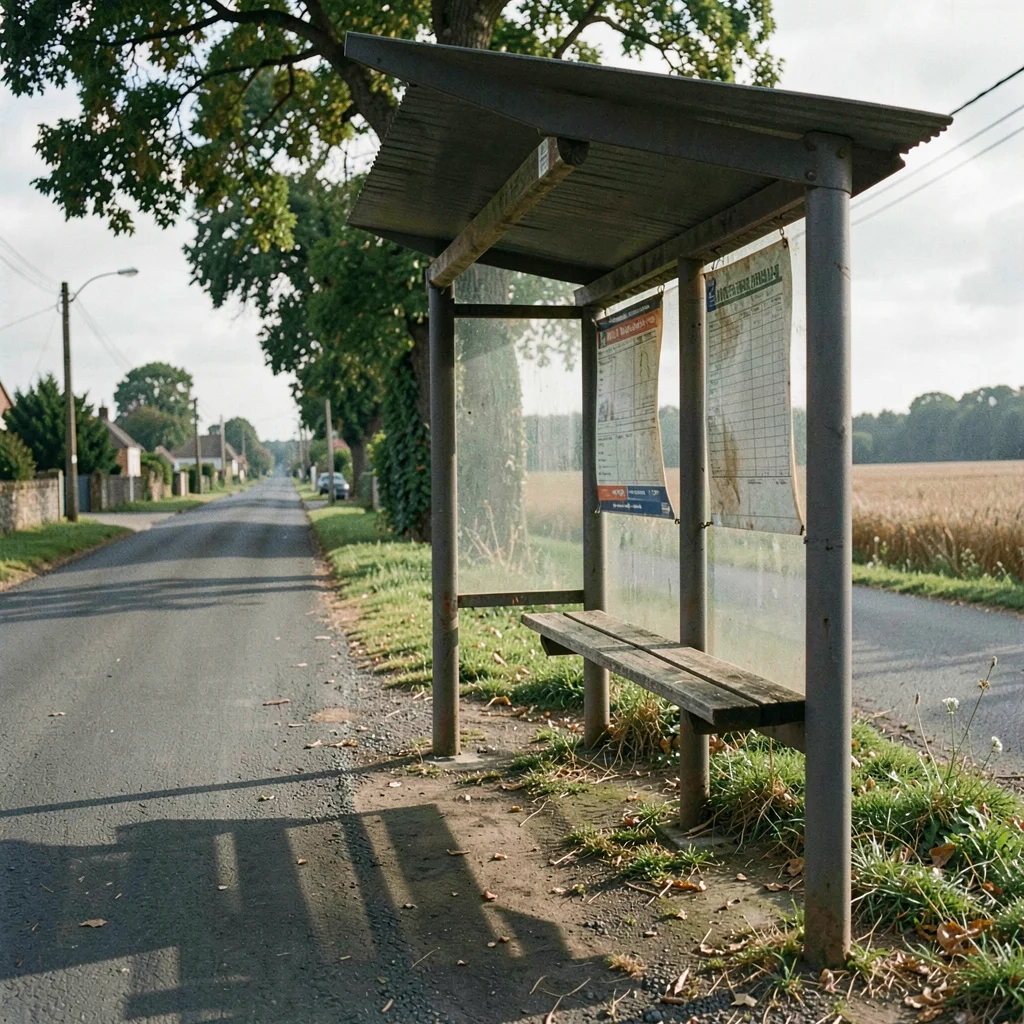 Quiet small town photography, contemplative scene, A bus shelter on a rural road