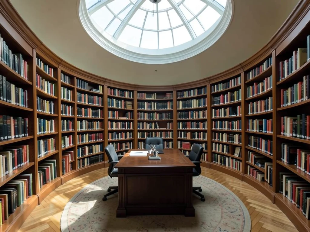 Library with circular reading room, books floor to ceiling, dome skylight, cente