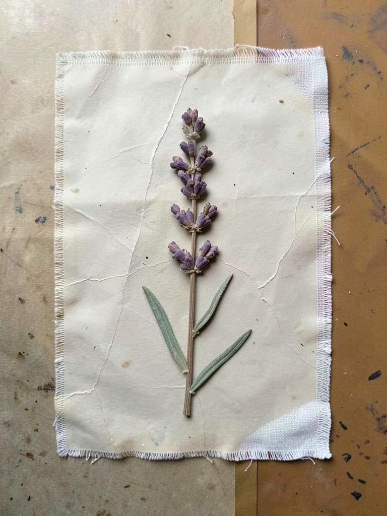 Dried lavender stem with eight buds running up the spike, displayed on a faintly