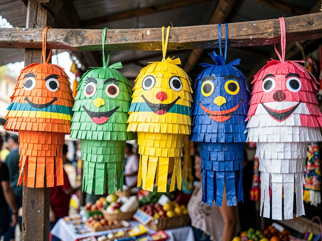 A row of finished piñatas in different shapes and colors hanging from a market s