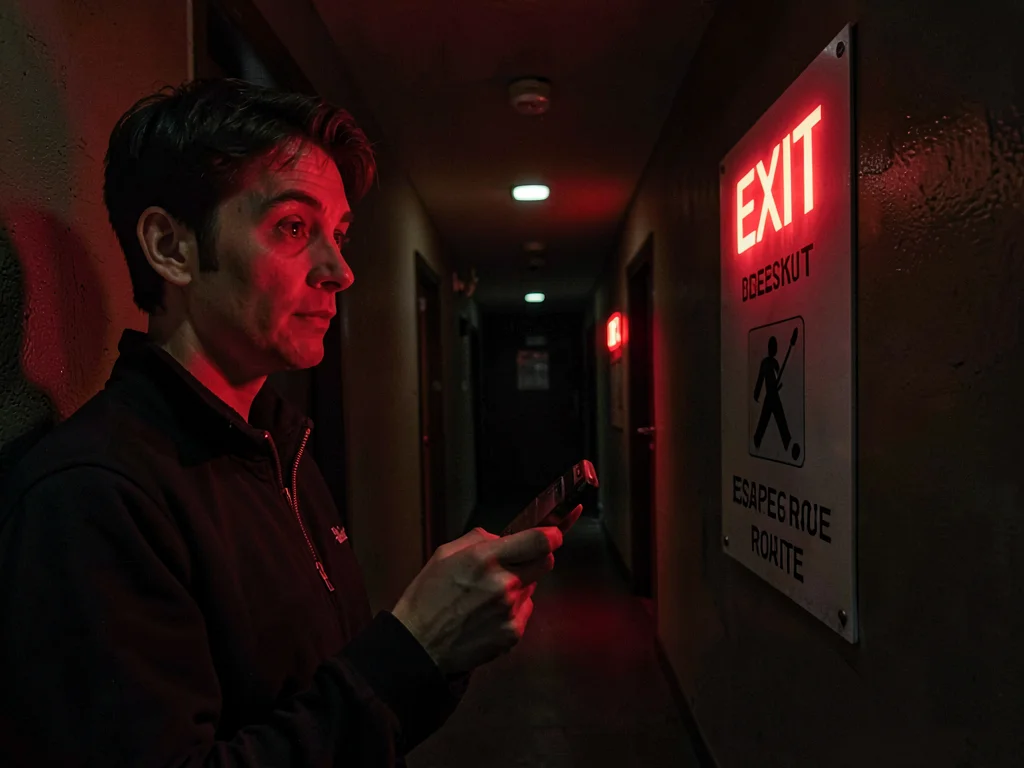 Person reading EXIT sign in foreign language, the universal symbol, lost tourist
