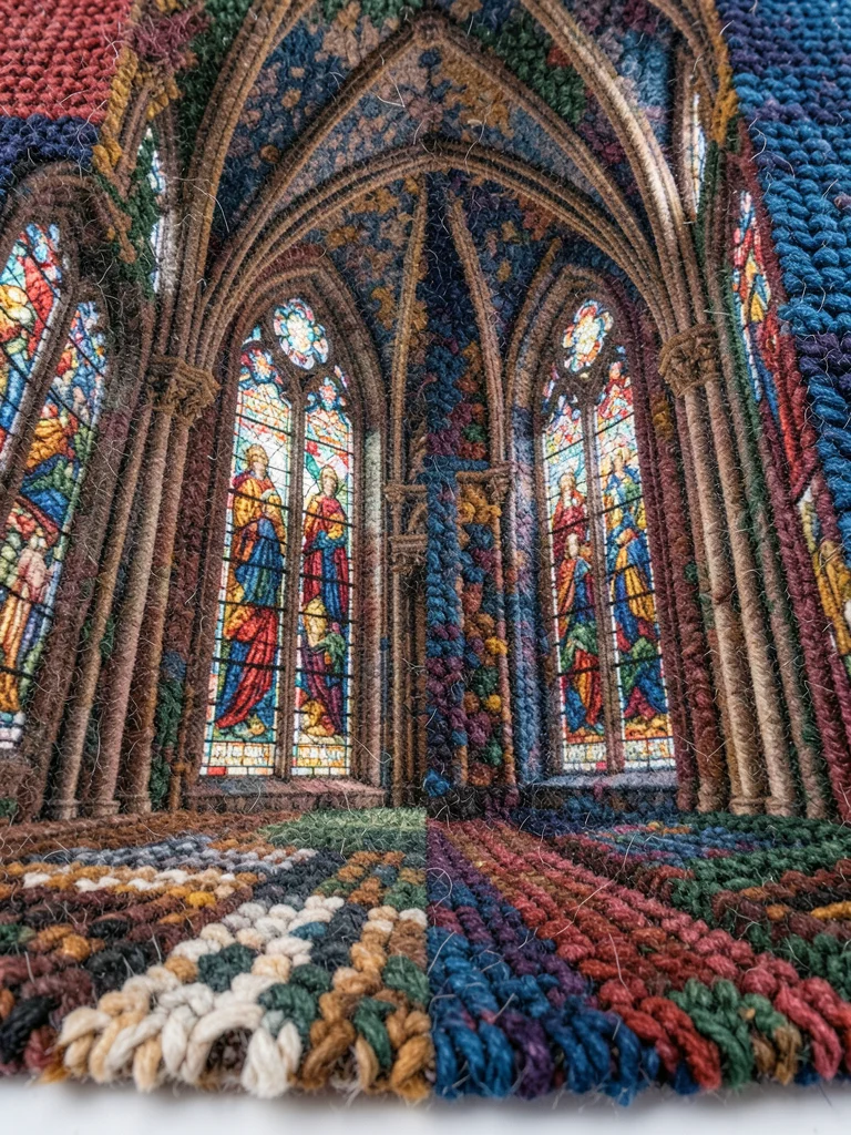 A Gothic cathedral interior with stained glass windows rendered in multicolored 