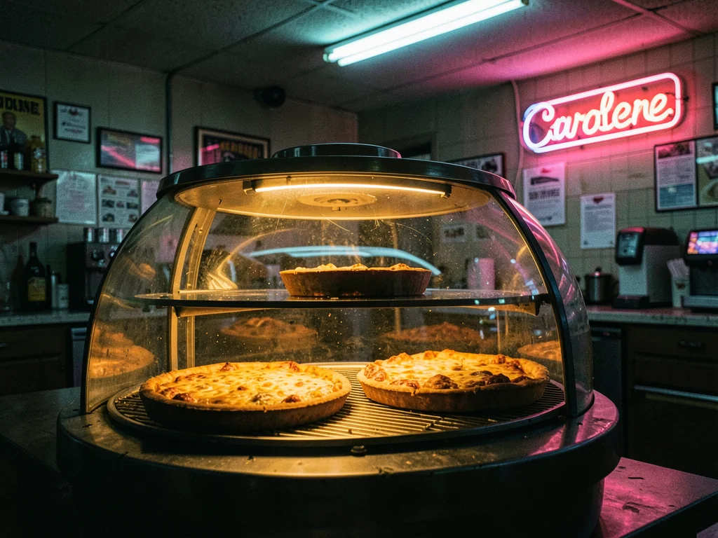 Glowing pie display case in diner