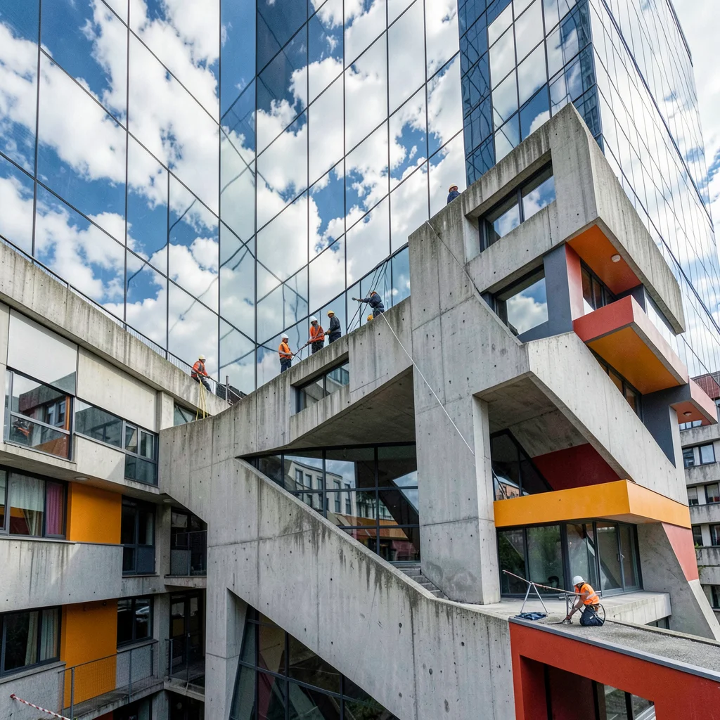 Post-war reconstruction modernism, Rotterdam radical geometry, Window washers on