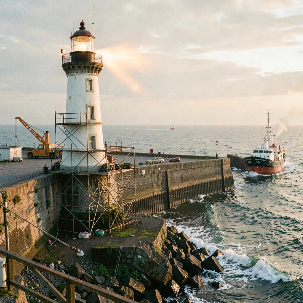 Port city documentary photograph, A lighthouse at the harbor entrance, the beam 