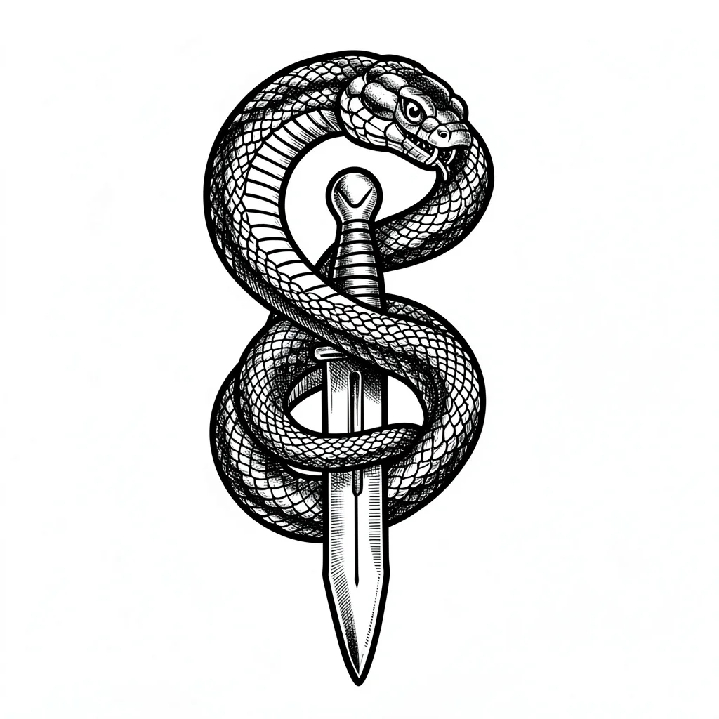 Traditional tattoo flash illustration, Snake coiled around a dagger , bold black