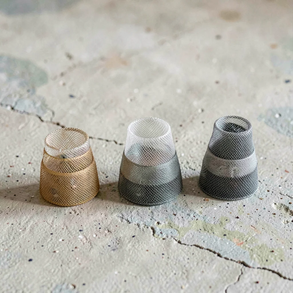 Sculptural lineup of five mesh-size samples in graduated gauges on chalky concre