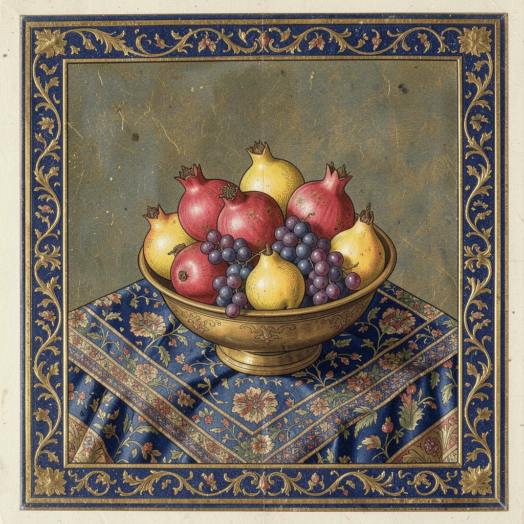 Fruit bowl heaped with pomegranates, quinces, and grapes on a patterned cloth