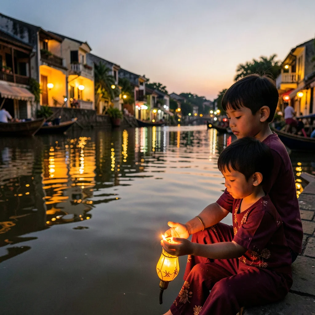 Hoi An lantern glow, silk amber on water, child releasing floating candle onto r