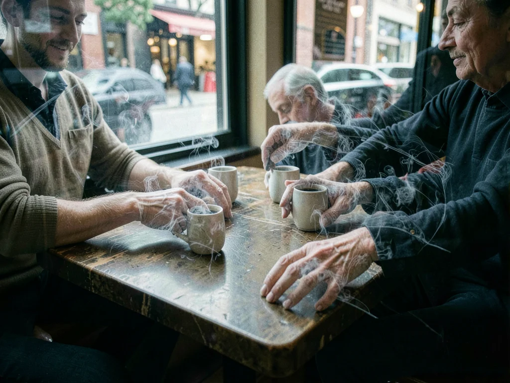 Cafe table showing accumulated ghostly hands reaching for coffee cups