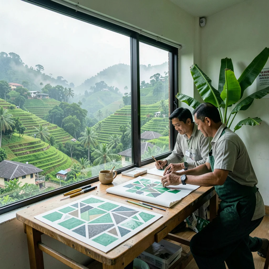 Emerald green hills through morning mist in Kigali, Rwanda, Imigongo geometric a