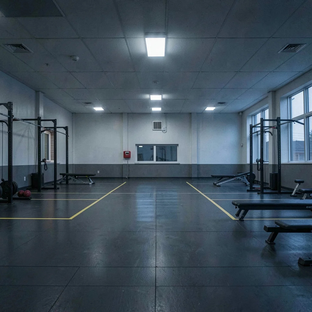 Pre-dawn empty gym with security lights only, blue-grey palette