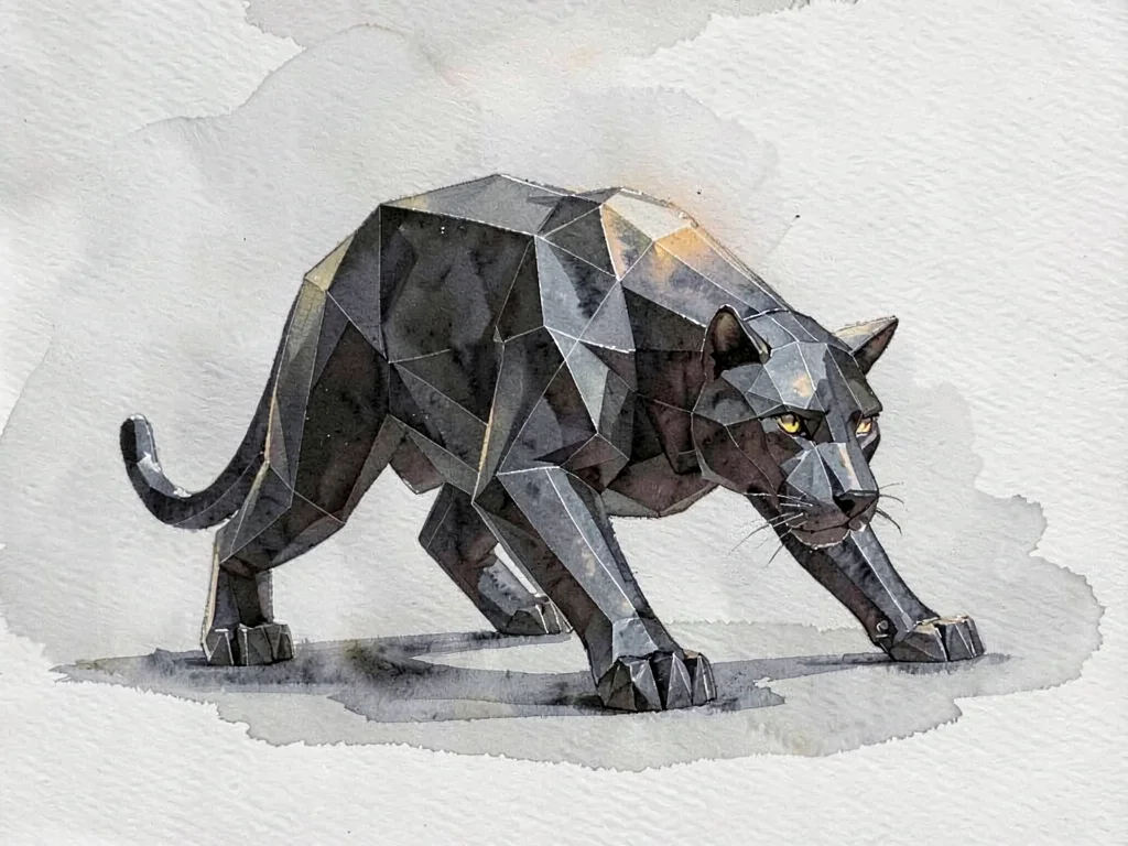 Polished obsidian lowpoly panther crouched in a stalking pose, sharp dark facets
